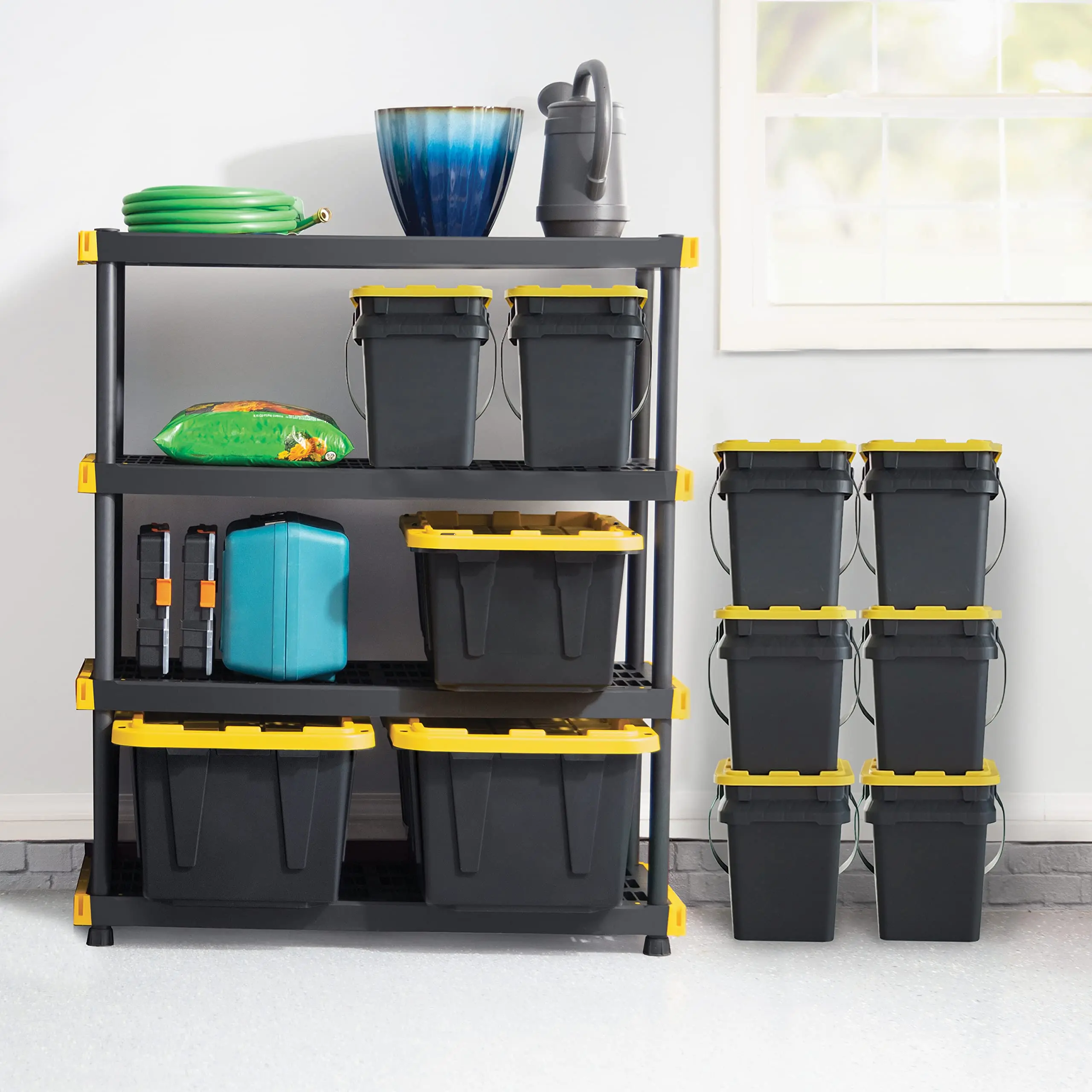 Heavy Duty 4-Tier Garage Storage Shelves + 4-pack 27-Gallon Bins & Lids