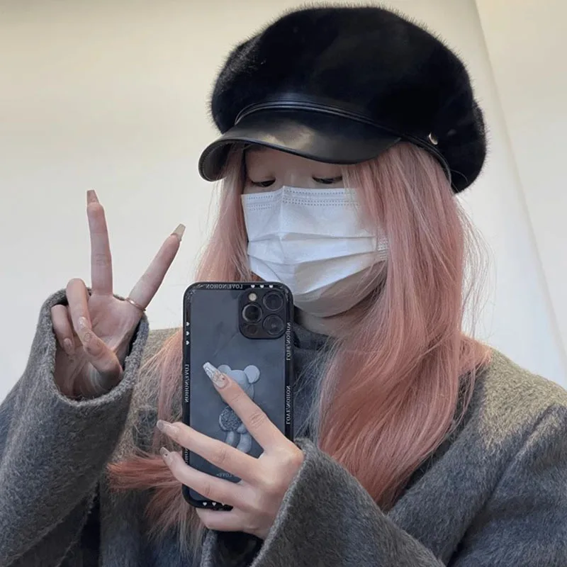 Koreanischen Stil Nachahmung Nerz Plüsch Baskenmütze Winter Warme Mütze mit Achteckige Krempe Spleißen Nachahmung Kaninchen Fell Winter Kappe für Frauen