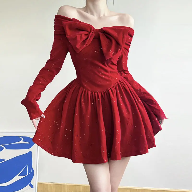 

Red Bow Sparkling Fluffy Princess Dress 2024 Autumn Winter New Style High-End Christmas Atmosphere Dress