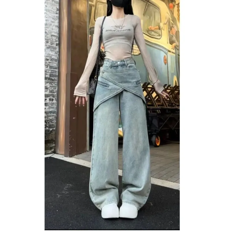 Cool High-waisted Jeans Female Plus Size Retro Street Personality Detachable Waist Belt Stacked Wide-leg Pants
