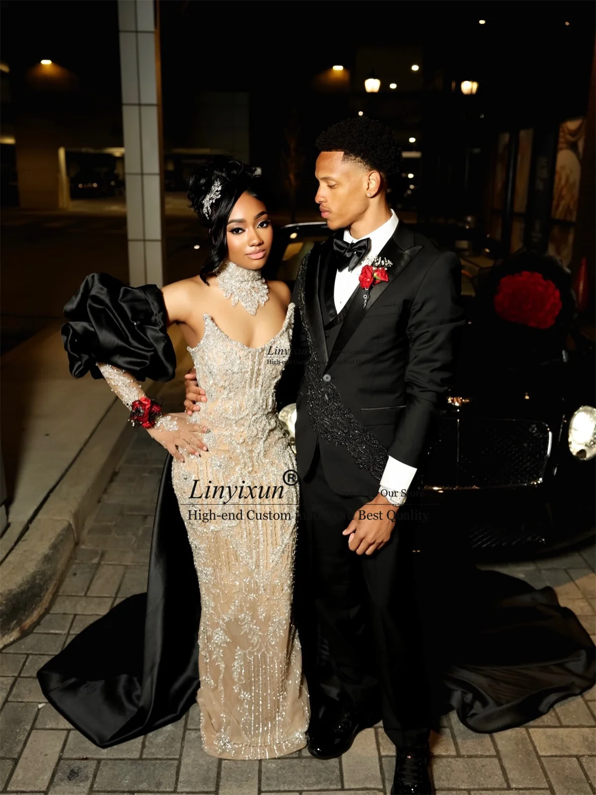 Sparkly Bead Diamond Mermaid Prom Dress Black Girl Formal Evening Party Gown With Remove Train Customized African Robe De Soiree