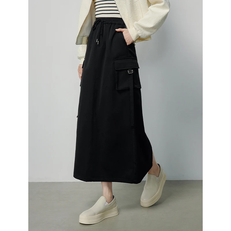 Toyouth Women Skirt 2024 Spring Drawstring Waist Straight Loose H-shape Large Pocket Fashion Casual Cool Black Mid-length Skirt