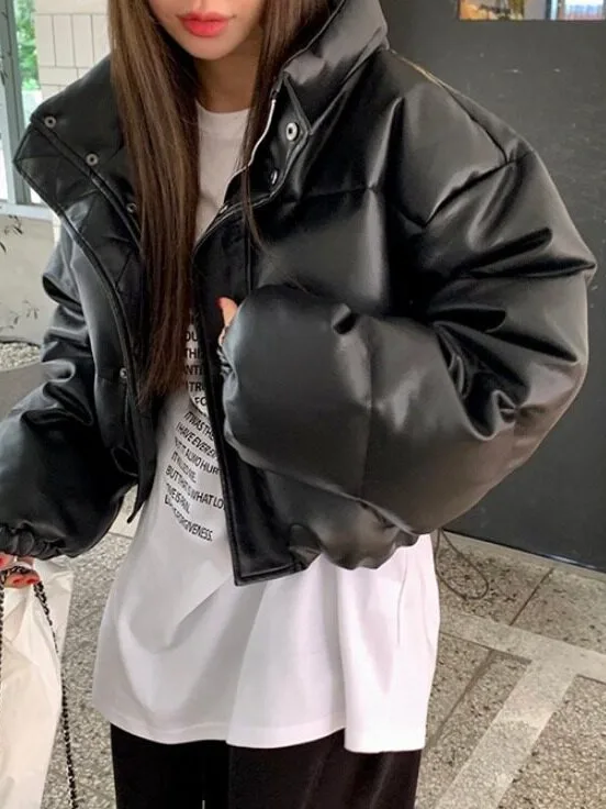 Korean Style Short PU Leather Jacket Matte Black Stand Collar Slim Fit Cotton Outerwear Spring Autumn Winter Women's Fashion