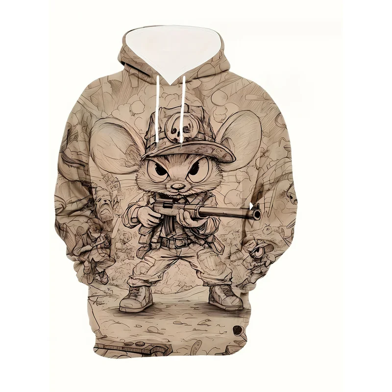 Men's Plus Size Thick Hoodie Stretch Knit Pullover Kangaroo Pocket Street Print Loose Casual Sweatshirt Machine Washable