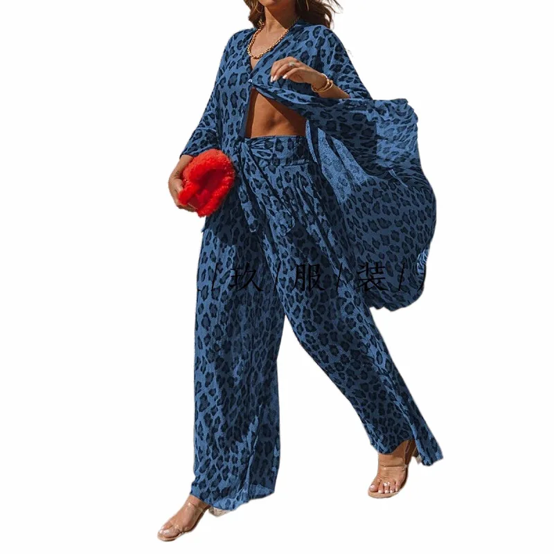 

Women's Leopard Print Kaftan Set Batwing Sleeves and Wide-Leg Pants Ideal for Summer Vacation Looks