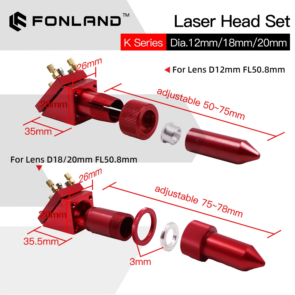 FONLAND K Series CO2 Mini Laser Head Set D12/18/20mm FL50.8mm Lens for 2030 4060 K40 Laser Engraving Cutting Machine