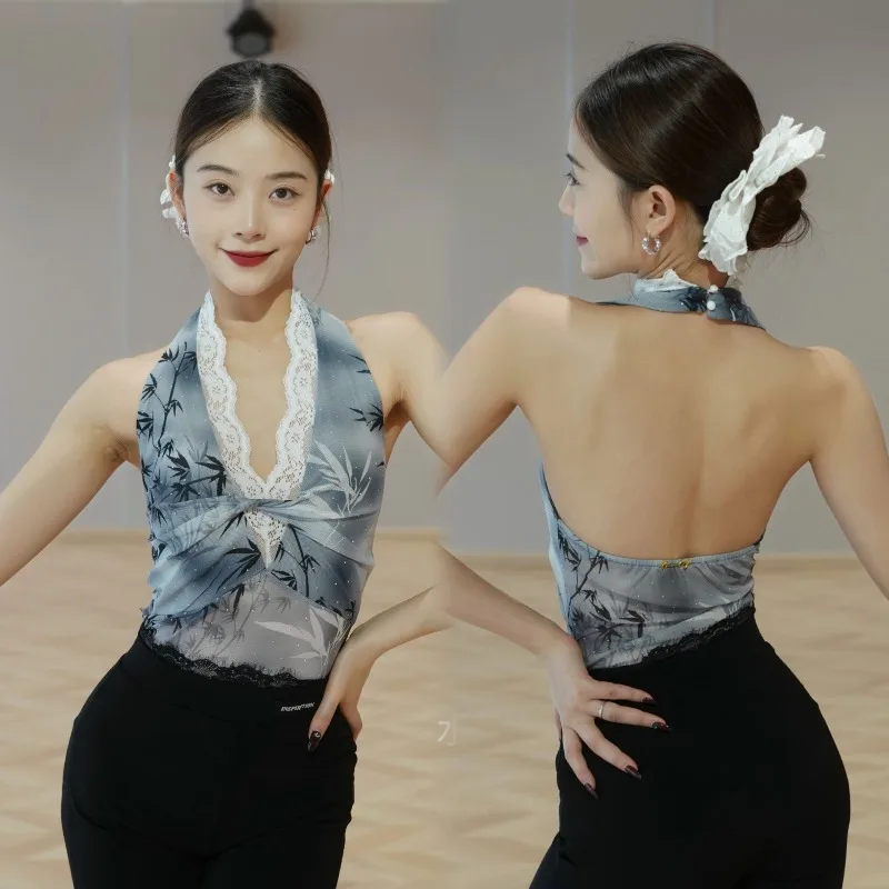 robe-de-danse-latine-personnalisee-costume-de-danse-moderne-tenue-d'entrainement-robe-de-performance-col-suspendu-dentelle-maille-haut-d'epissure