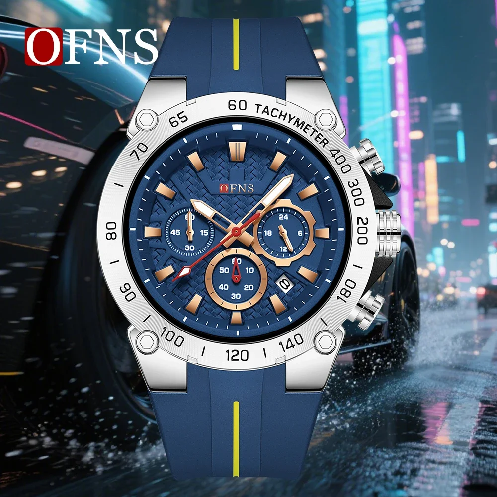 OFNS 1207 Men's Sports Watch Three Eyes Six Needles Multi Functional Luminous 5ATM Waterproof and Drop Resistant Student Watch