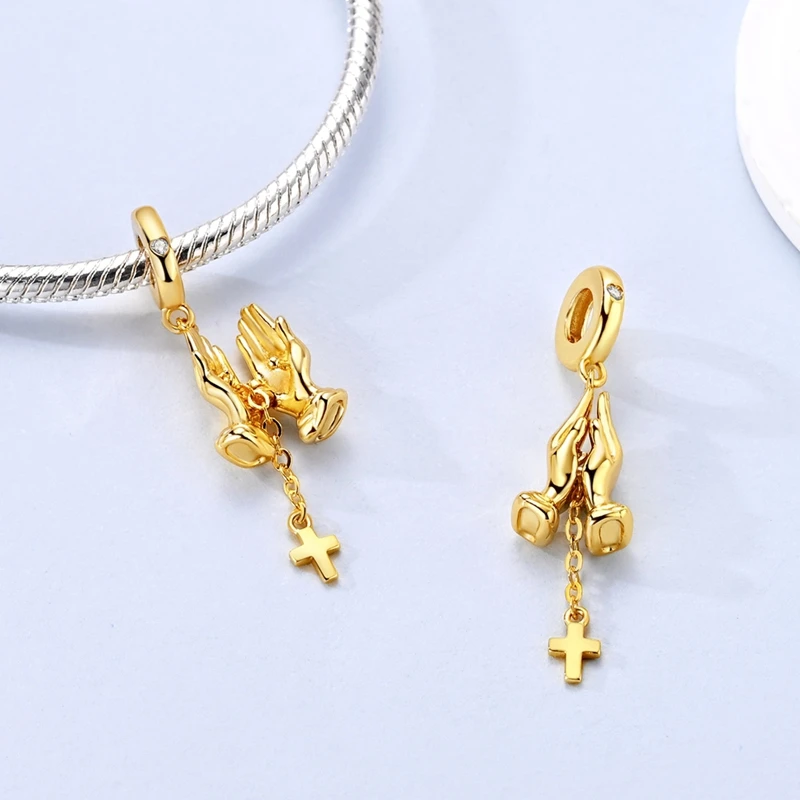 

925 Sterling Silver Charms Bead CZ Zircon Golden Prayer Hands Dangle Fit Original Bracelet DIY Women Jewelry Gift