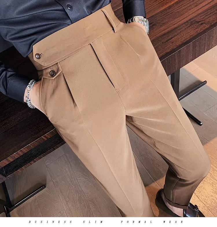 British Style Men High Waist Casual Dress Pant Men Belt Design Slim Trousers Formal Office Social Wedding Party Dress Suit Pants