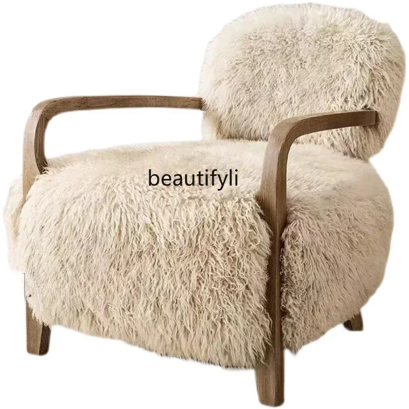 American Country Solid Wood Armchair Living Room Balcony Creative Lamb Wool Sofa Light Luxury Modern Chair