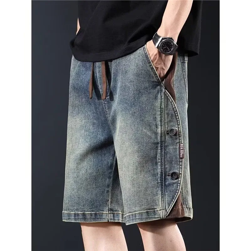 Men's American Streetwear Denim Shorts Summer Loose Plus Size Cargo Five-Point Pants Trendy Slim Straight Casual Breeches