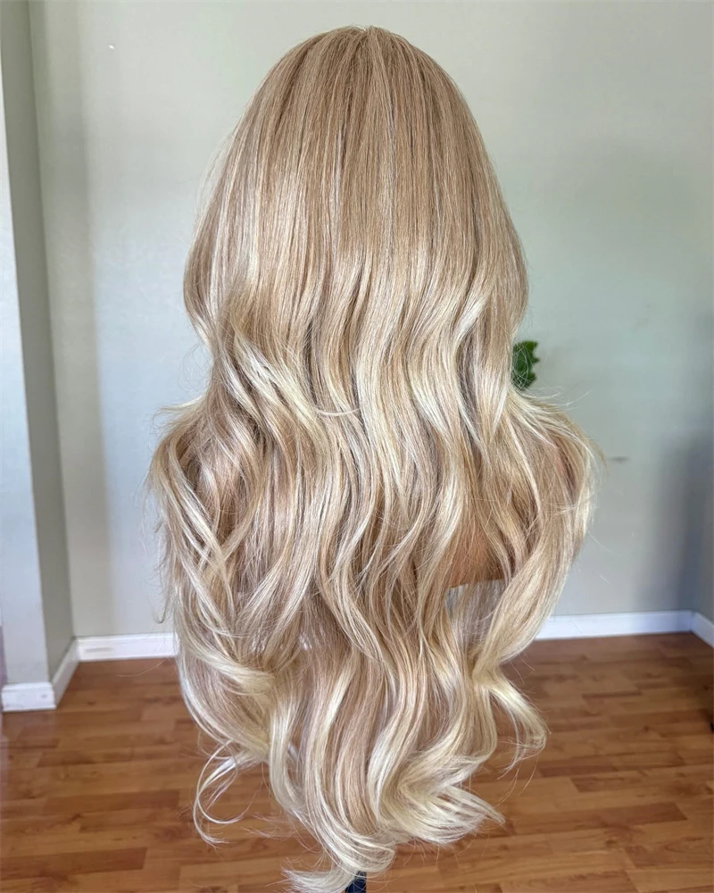 여성용 사이드 미들 이별 합성 레이스 프론트 가발, 허니 블론드 골든 하이라이트, 컬러 롱 레이스 가발, 물결 모양 고밀도