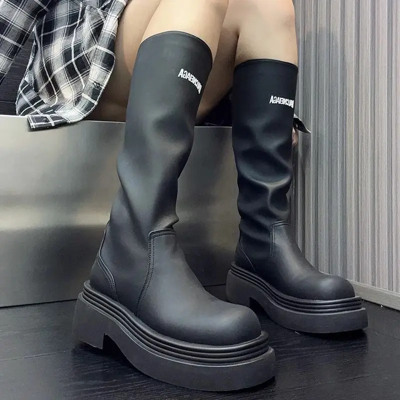 Women Knee High Boots PU Leather Platform Shoes Increase Slip On Winter Snow Female Black White Sneakers Chimney Boots