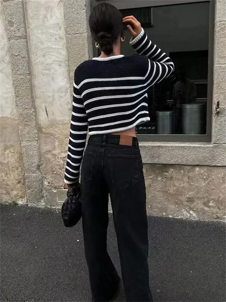 Striped O-neck Cardigan For Women Sweater Fashion Elegant High Street Long Sleeve Knit Outwear Contrast Casual Sweater Crop top
