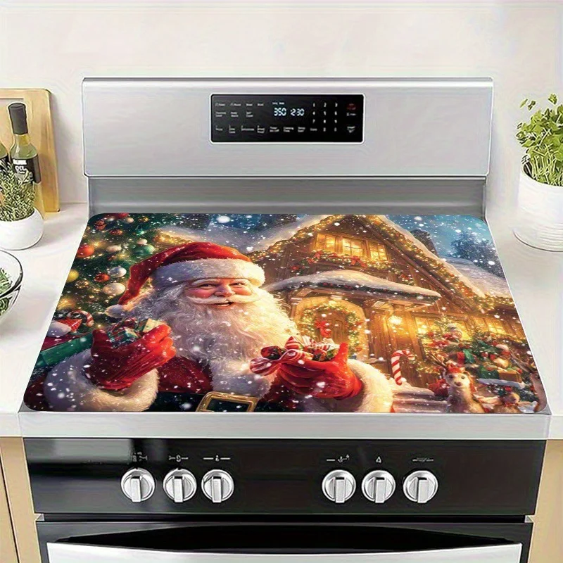 VIKAMA Santa Claus Ringing Bell Christmas Tree Red Snowflake Stove Mat, Non Slip Absorbent Dish Drying Mat Coffee Bar Xmas Decor