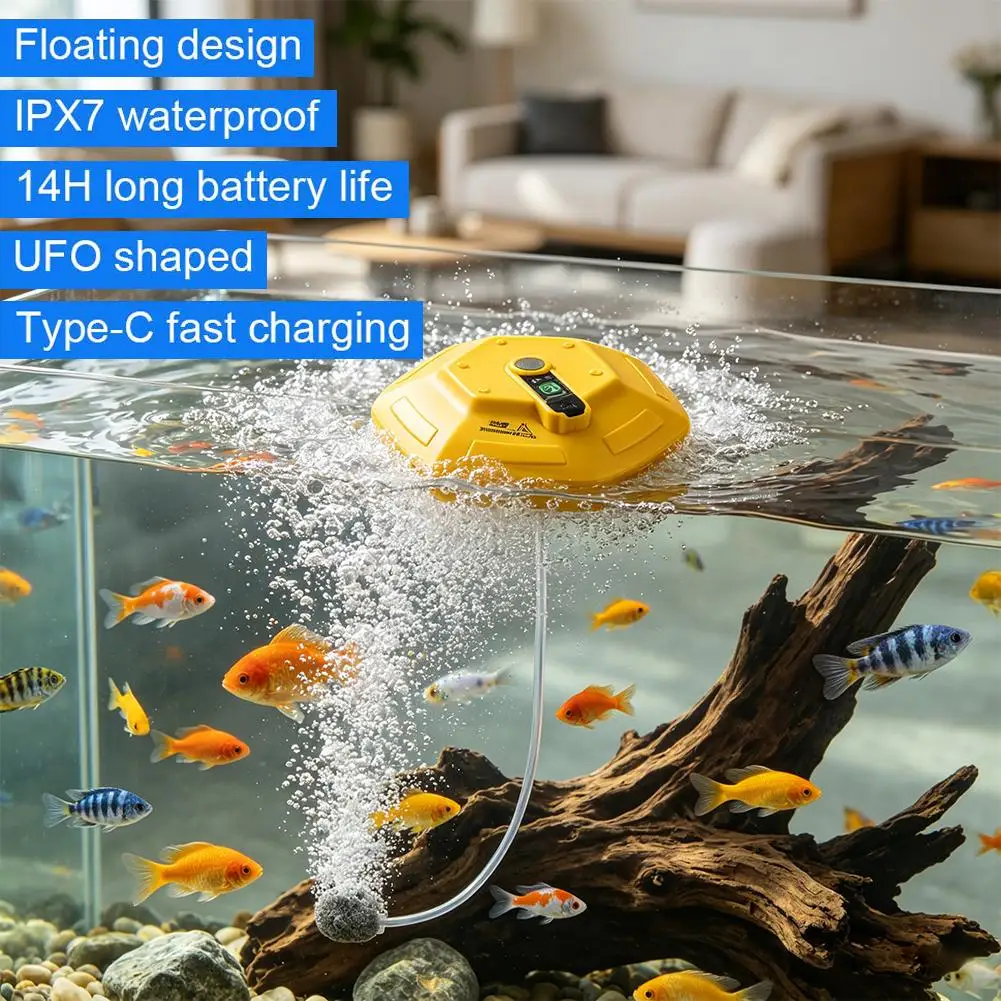 Portable Floating Fish Tank Oxygen Pump, 3000mAh Rechargeable Aerator IPX7 Waterproof, Up to 14H Runtime for Fishing Aquariums