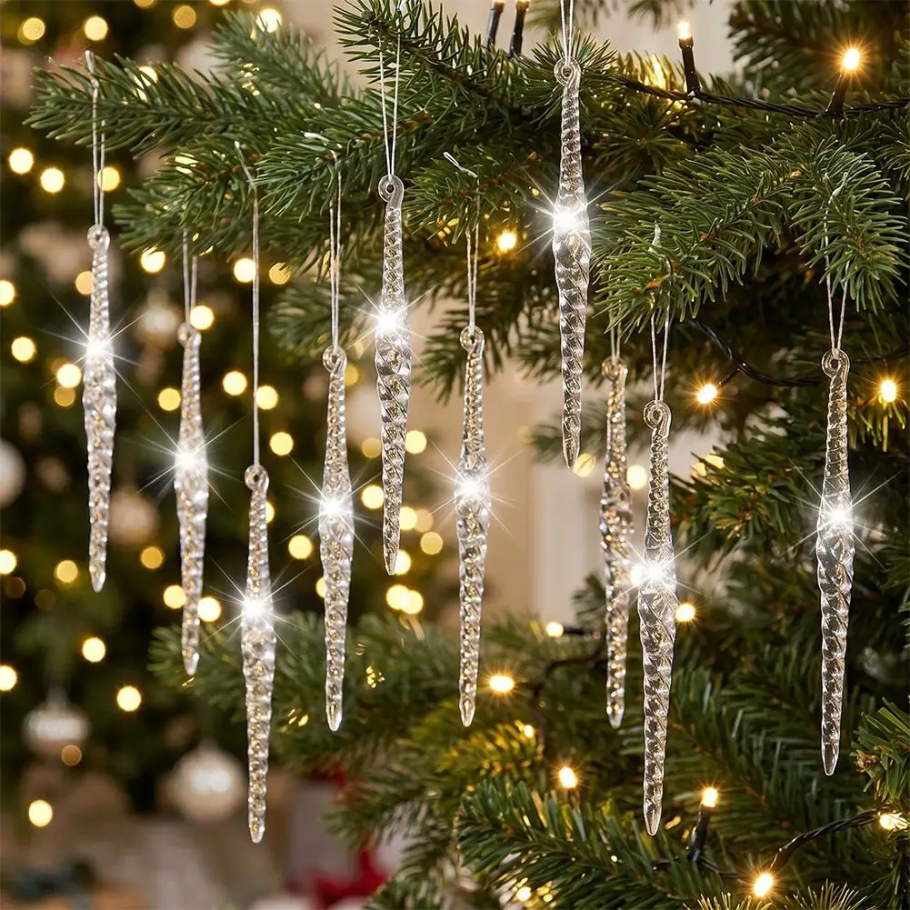 12Pcs 5 Inch Acrylic Icicle Christmas Tree Ornaments Clear Crystal Drop Hanging Pendants Christmas Decoration For Home Party