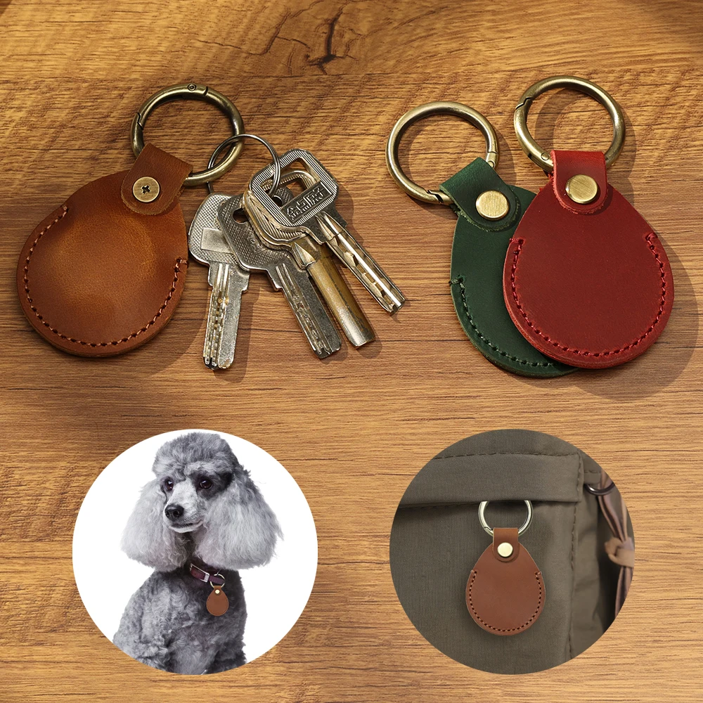 Retro Genuine Leather Case For Airtag Cowhide Anti-lost Protective Case For Airtags Use For Pet Collar Kid Bag Keychain