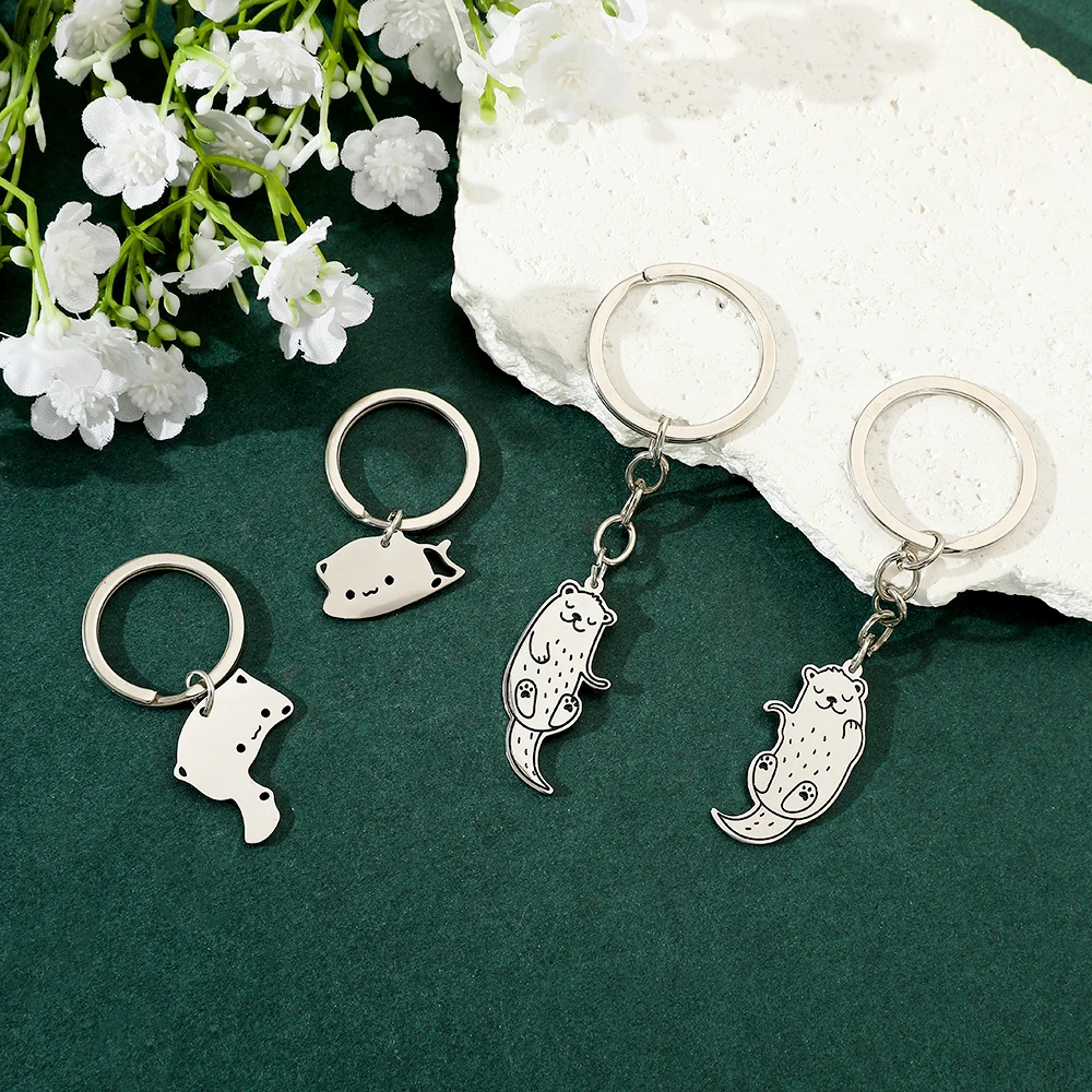 Cute Cartoon Cat Keychain Couple Lovers Stainless Steel Matching Keyring Lovely Pendant Key Chain Valentine's Day Gift Jewelry