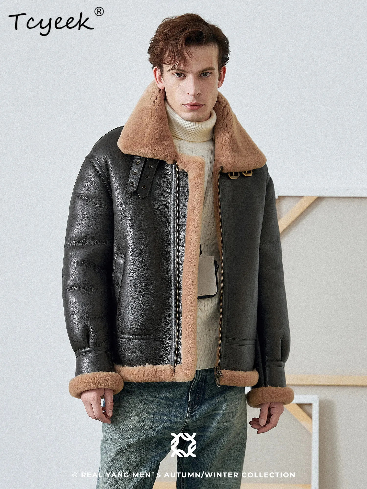 Tcyeek Natural Merino Sheep Fur Coat Men Warm Real Fur Mens Coats Flight Fashion Winter Clothes Hunting Thickened Sobretudo
