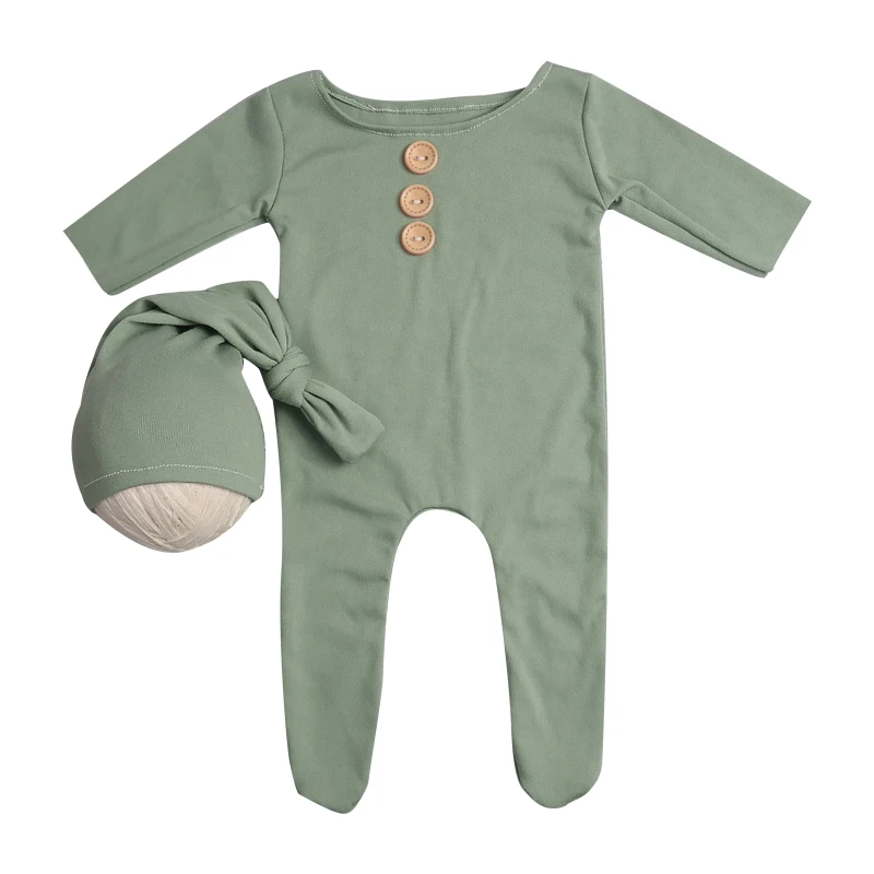 2 Stks/set Pasgeboren Baby Knoppen Romper Jumpsuit Met Geknoopt Hoed Photo Prop Outfit QX2D