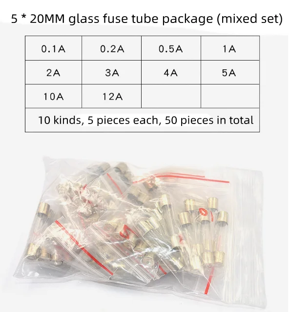 Fuse 5*20 6*30 glass tube fuse 250 v 0.5A 1A 2A 3A 4A 5A 10A 15A 5x20mm 6x30mm 10 kinds, 5 pieces each