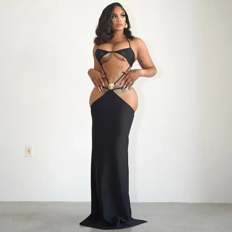 Sexy Women Metal Buckle Cut-out Long Dress Sleeveless Bandage Hollow Out Dress Party Lady Lace-up Slim Maxi Dress Summer 2025