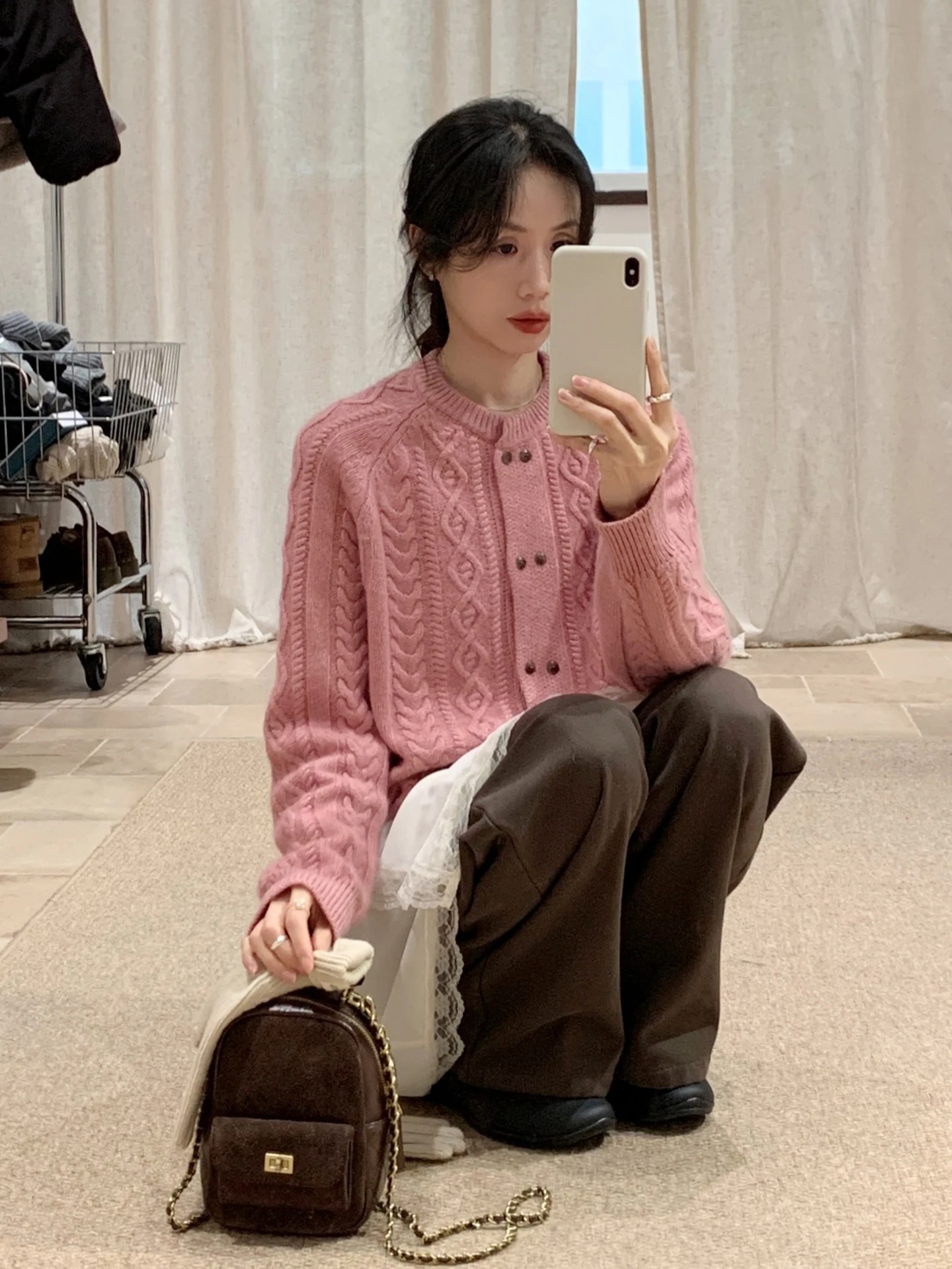 

Розовый двубортный шерстяной вязаный открытый кардиган, женский осенне-зимний круглый свитер Ne, корейский сладкий Sle YNVN Faion Design