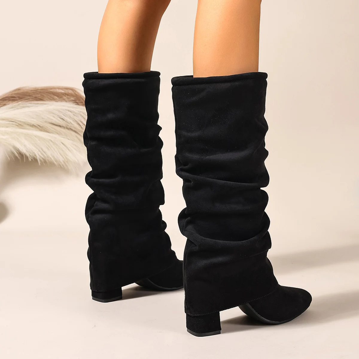 Melard High-Tube Long Boots for Women, Large Size, Fashionable and Simple, Pleated Stacked Boots, Spring and Autumn Style, Round-Toe Retro High-Tube Boots for Women