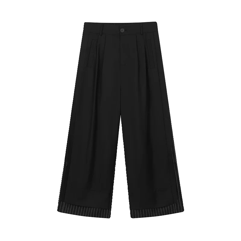 New Men's Fashion Baggy Pants Black Wide Leg Double Layered Striped Patchwork Cuffs Oversized High Waist Long Trousers Male