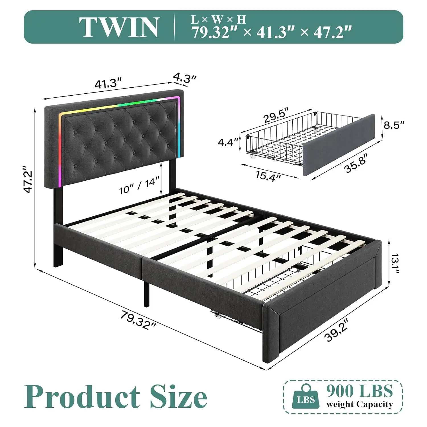 Twin Bed Frame Drawer LED Headboard Upholstered Charging Station Wooden Slats No Box Spring Grey, Customized