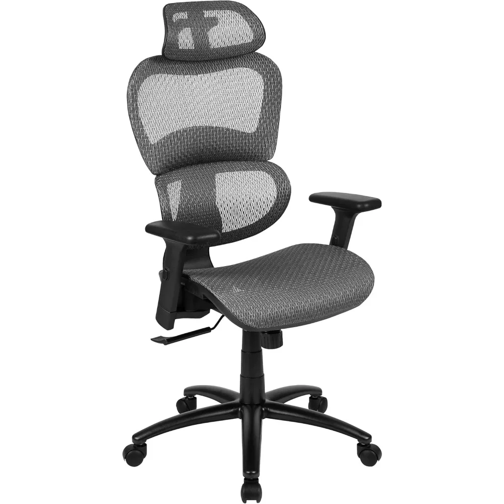 

gray ergonomic mesh chair with 2:1 tilt, adjustable headrest, lumbar support, and pivot arms