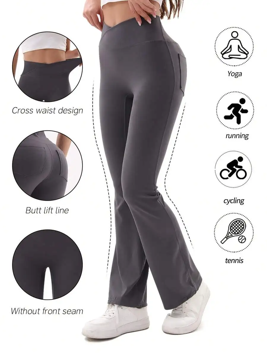 3-teilige Damen-Yogahose mit ausgestellter Tasche und hoher Taille – keine Perspektive, Training – dehnbarer und atmungsaktiver Stoff – geeignet für Yoga,