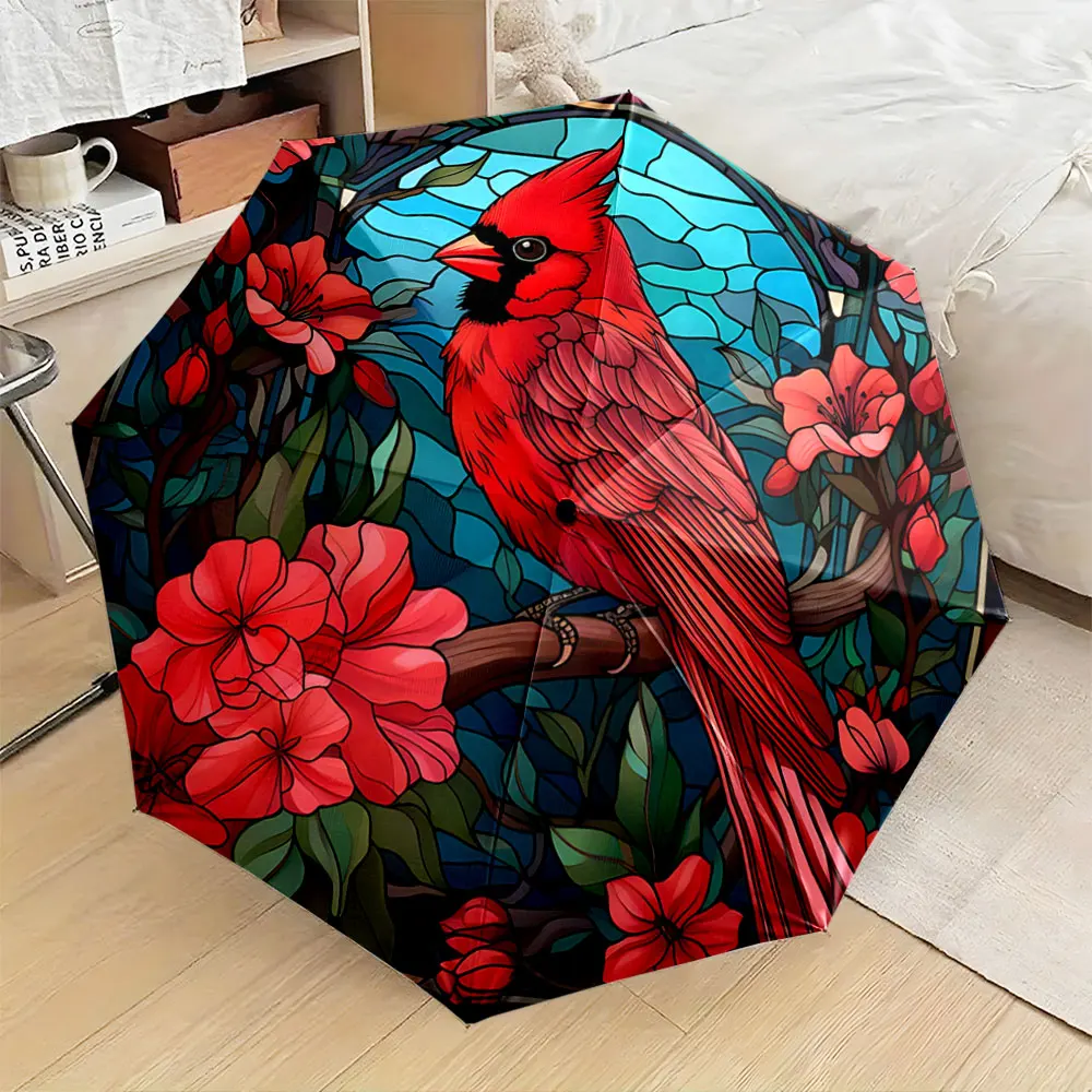 Red Cardinal with Floral Stained Glass Design Umbrella Compact Fashion Folding Umbrella for Daily Use, Christmas Gift