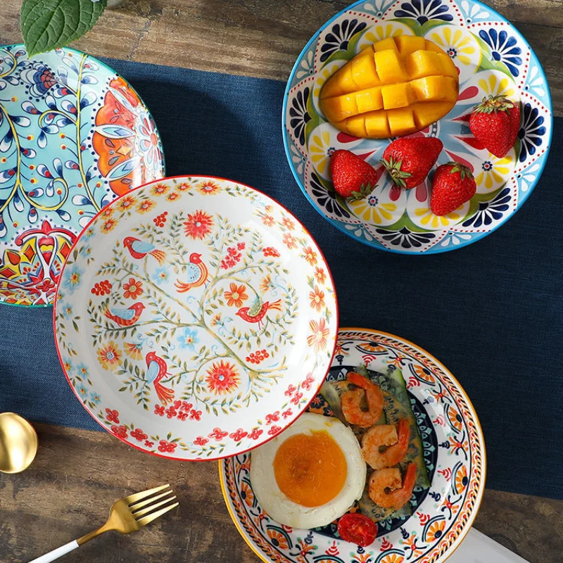 

Bohemian Dinner Plates Set Household Creative Plate Dinnerware Kitchen Supplies Fruit Plate Dish Retro Flower Rice Plate Dish