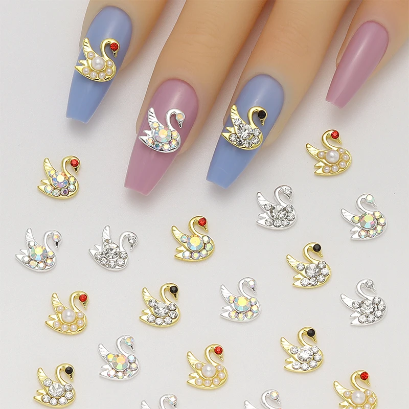 

10 pcs Swan Nail Charm Jewelry Stylish nail decoration accessories in gold and silver alloy inlaid with rhinestone pearl design