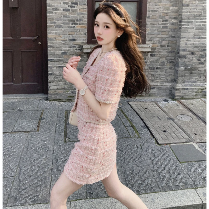 Small Fragrance Suit Female Summer New Korean Temperament Top+hip Skirt Pink Short Skirt Little Man Birthday Princess Dress