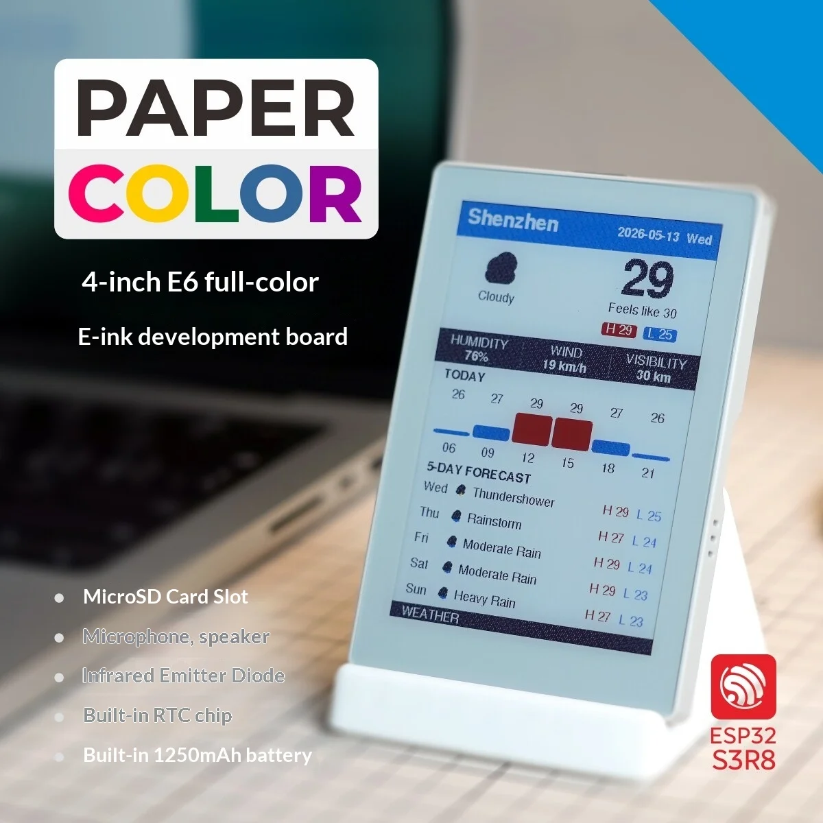 M5Stack PaperColor 4 Inch E6 Full‑Color E‑Paper Dev Board ESP32‑S3 16MB Flash 8MB PSRAM 1250mAh Battery For IoT Project