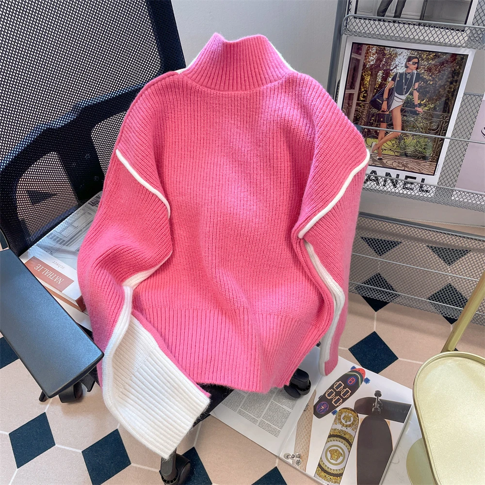 Pink Spliced White Contrasting Sweater 2025 New Spring Women's Half High Collar Front Back Wear Knitted Pullover Casual Chic Top