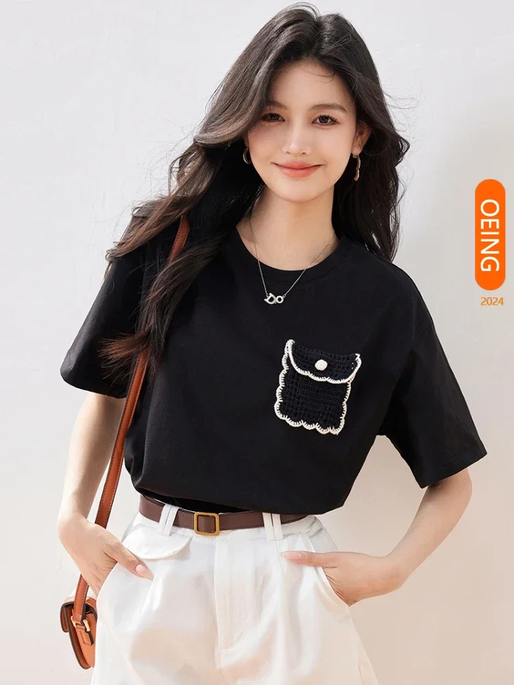 

Three-dimensional Hook Flower Short-sleeved T-shirt Women's Summer 2024 New Loose Casual O-neck Black Y2k Tops Clothes D3213