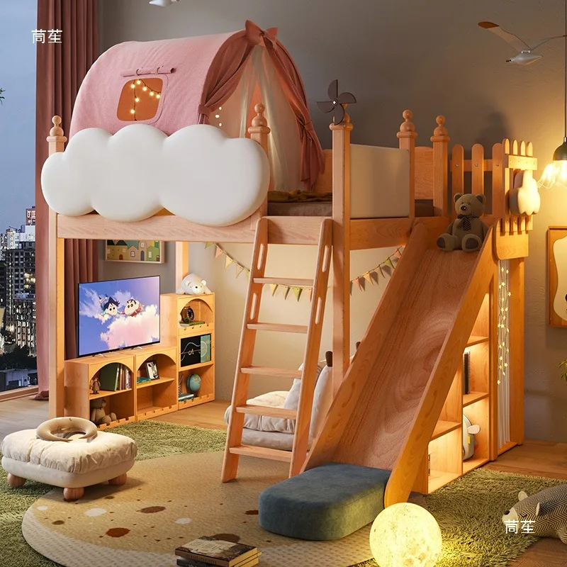 Upper and lower bunk half-height bed Bunk bed Solid wood princess Upper and lower beds Children's room Tree house slide bed