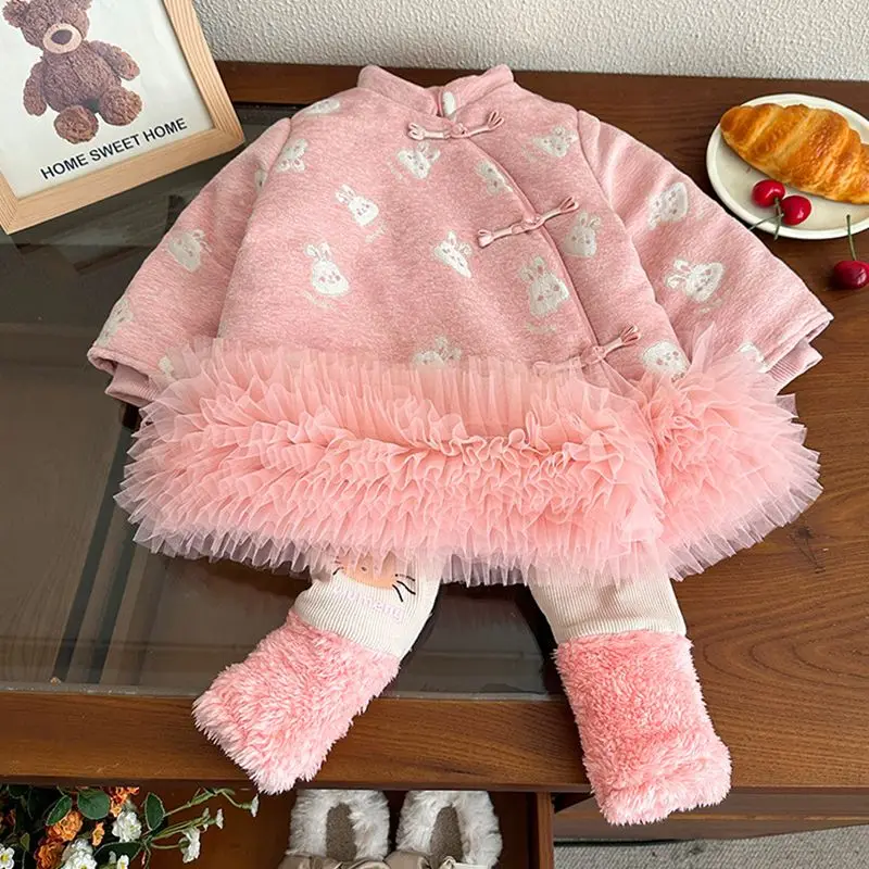 Children Elegance Winter Girls Clothes Set Retro Lace Patchwork Pink Embroidery Cheongsam Coat Jacket+Pants 2Pcs Suits Kids