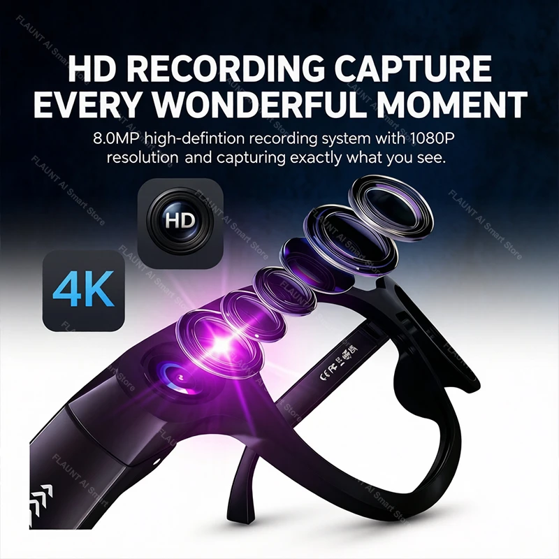 FLAUNT AI Smart Glasses 2026 4K Camera Hifi Music Video Voice Call Translation ChatGPT TikTok Live Streaming Bluetooth Glasses