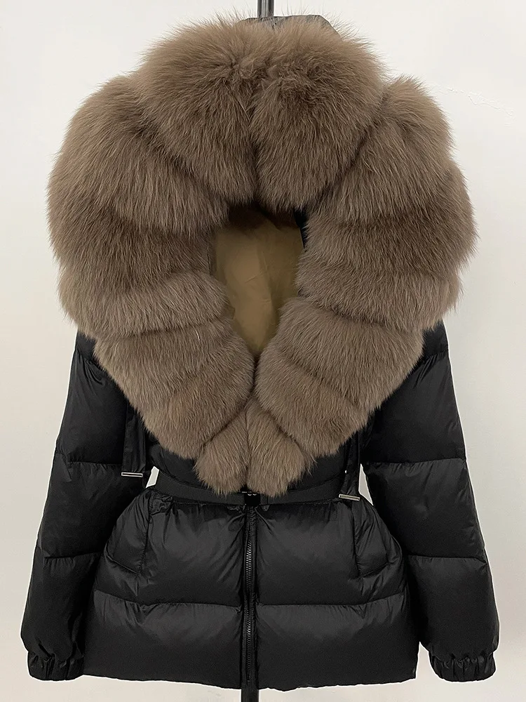 

Large Real Fox Fur Collar Short Puffer Jacket Women Hooded Winter White Duck Down Coat Thick Female Parkas With Belt