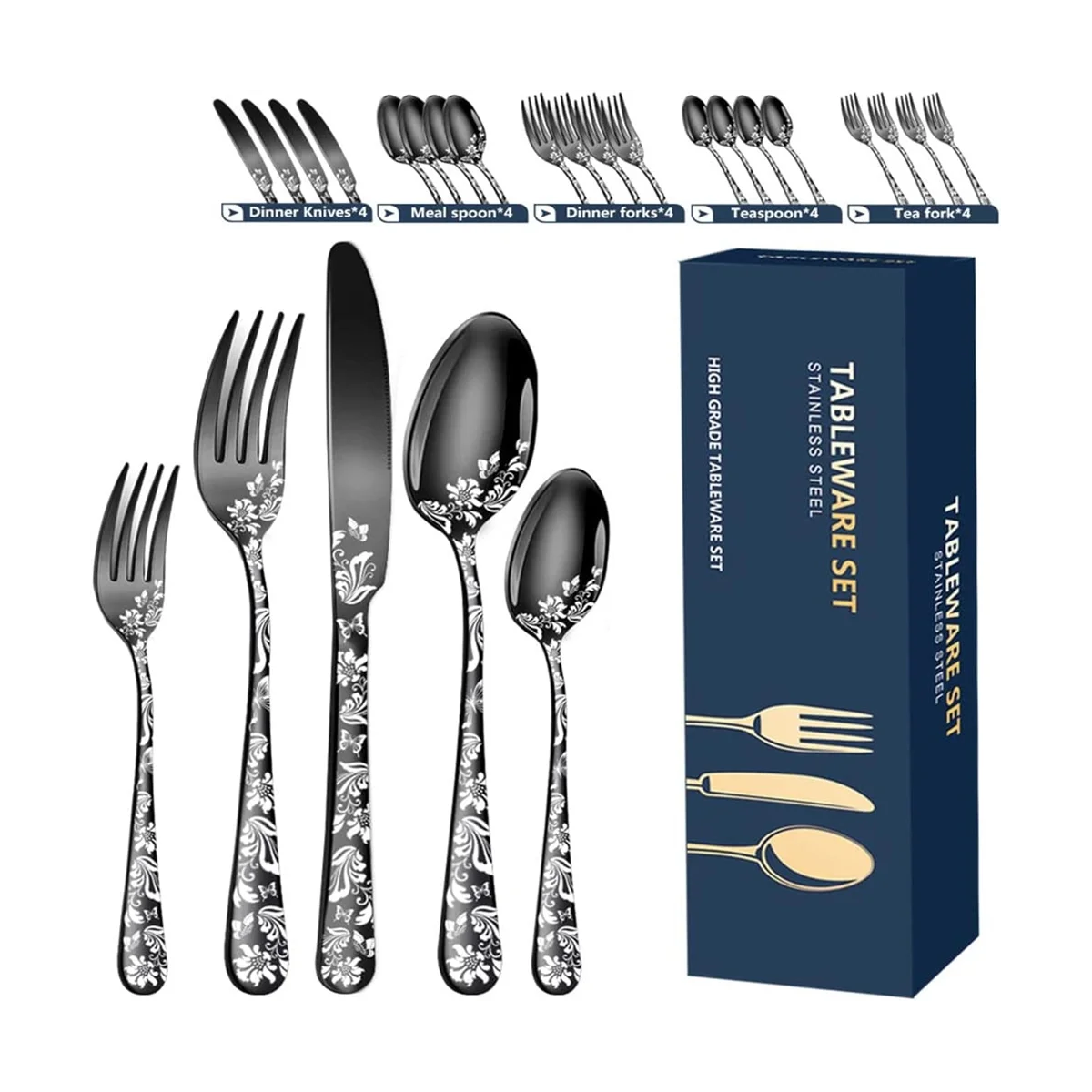 스테인리스 스틸 은식기 커트레이 세트, 독특한 패턴 디자인, 디너 나이프 포함, 4 인용, 20 종 세트