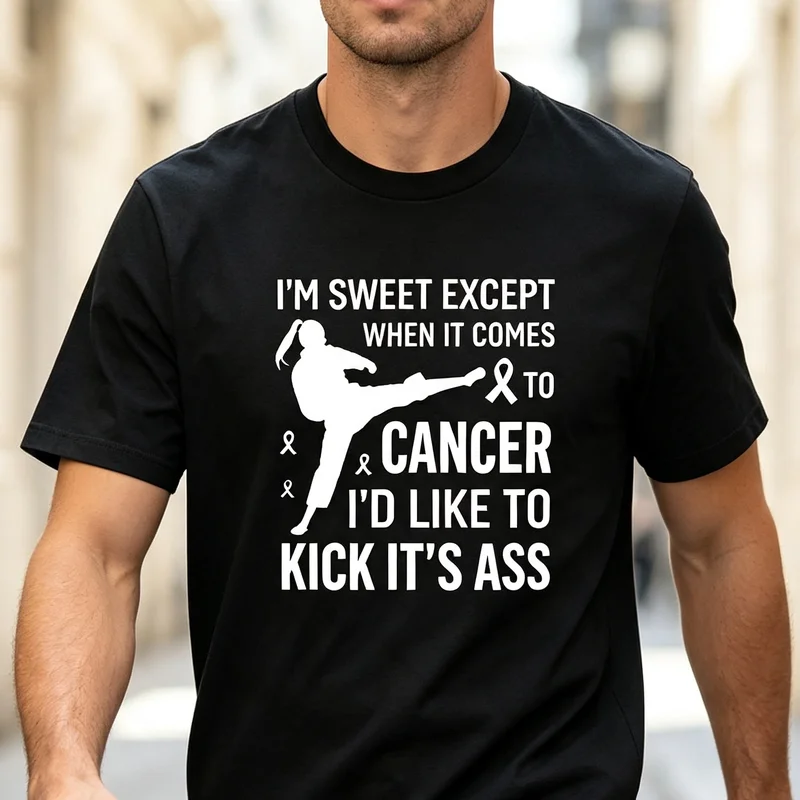 Cancer Awareness Karate Kick Martial Arts Inspirational Fighter Sunset Retro T Shirt Graphic Tee Casual Streetwear for Men Women