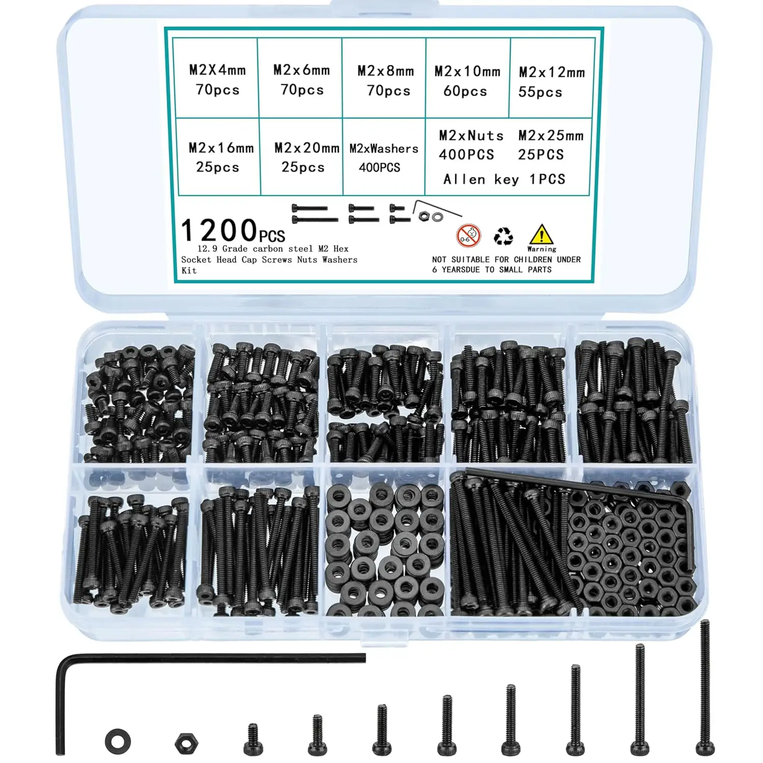 

1200 sets of M2 bolt and nut combination kits, including small hexagonal head flat head screws, nuts and bolts as hardware faste