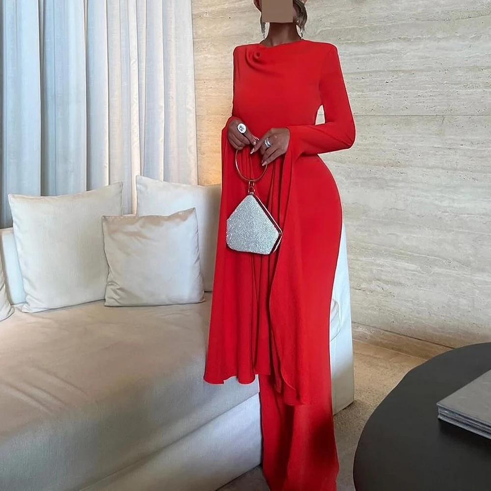 

Classic and Formal O-neck Back Slit Jersey Evening Dresses Long Sleeves Zipper Back Floor Length Pleats Bespoke Occasion Gowns