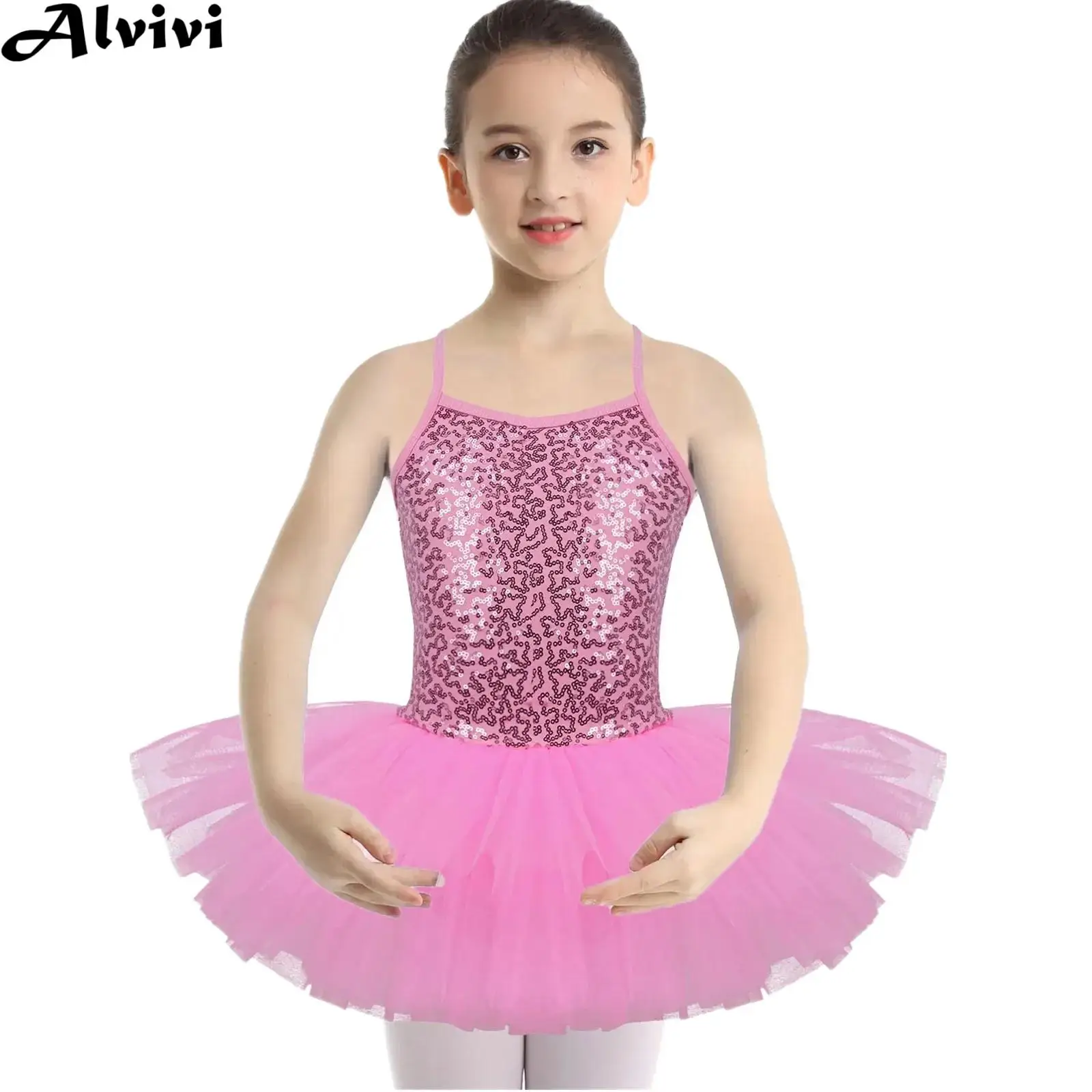 

Children Girls Ballet Dance Dress Sleeveless Sequin Mesh Leotard Tutu Ballerina Dancewear for Gymnastics Skating Lyrical Dancing